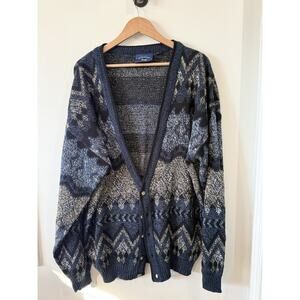 Harbor Bay Sweater Men's XLT Navy And Blues Geometric V-Neck Cardigan